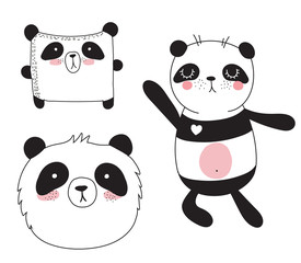 Vector collection of cute doodle panda. Adorable objects isolated on background