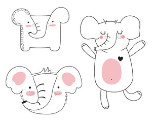 Vector collection of cute doodle elephant. Adorable objects isolated on background