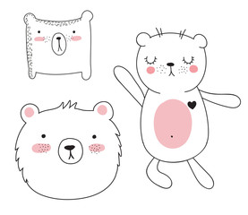 Vector collection of cute doodle bear. Adorable objects isolated on background