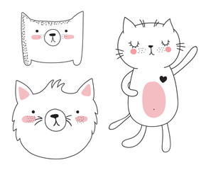 Vector collection of cute doodle cats. Adorable objects isolated on background