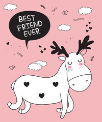 Vector cartoon poster with cute doodle deer with motivation lettering phrase