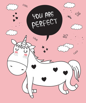 Vector cartoon poster with cute doodle unicorn with motivation lettering phrase