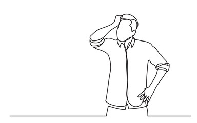 continuous line drawing of standing confused man in shirt