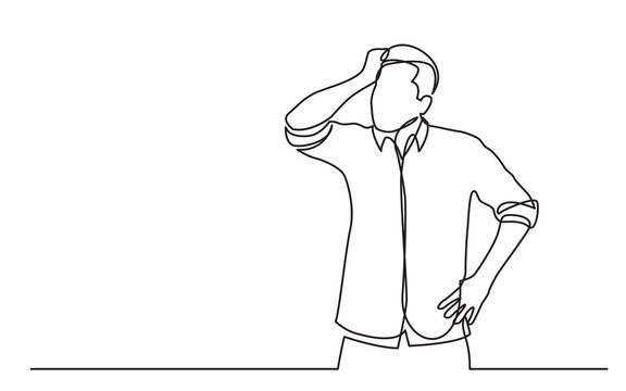 Continuous Line Drawing Of Standing Confused Man In Shirt