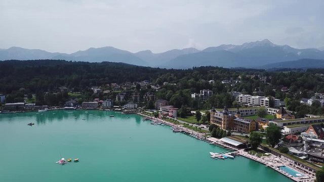 Villach, Austria &mdash; 12 jun 2018. Aerial view of W&ouml;rthersee lake in Alps Mountains