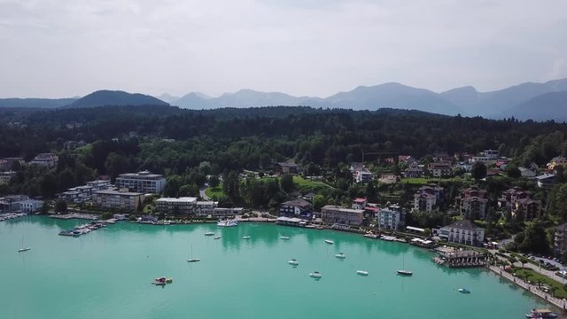 Villach, Austria &mdash; 12 jun 2018. Aerial view of W&ouml;rthersee lake in Alps Mountains