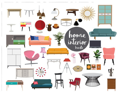 vector interior design elements. furniture mid century modern. living room element collection set.