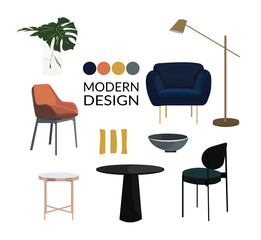 vector interior design elements. living room dining table modern furniture. designer trendy style. 
