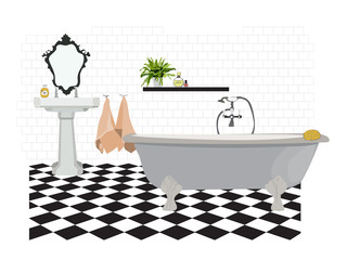 vector bathroom design illustration. home design. house decor. decoration. bath toilet mirror. tiles floor. retro vintage. 