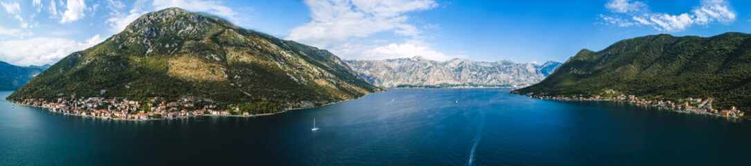 Aerial beautiful panoramic view at Perast town and Kotor bay. Montenegro