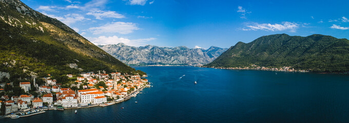 Naklejka na ściany i meble Aerial beautiful panoramic view at Perast town and Kotor bay. Montenegro
