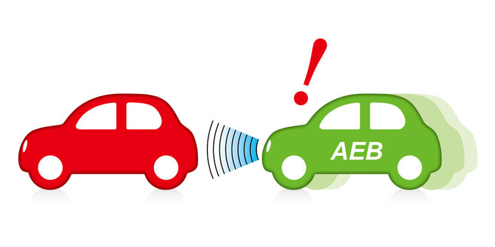 自動ブレーキ・緊急ブレーキの概念図・イラスト｜AEB　自動車のイラスト｜ベクターデータ
