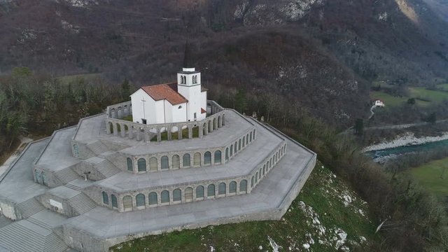 Drone shot of the Italian charnel house, a First World War memorial and graveyard for fallen soldiers in Kobarid, Slovenia