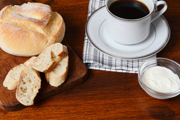 Close up of toast, coffee and cheese cream
