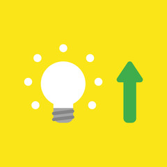 Vector icon concept of glowing light bulb with arrow moving up on yellow background