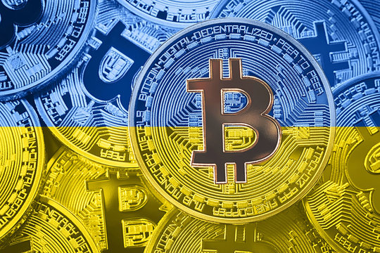 Stack of Bitcoin Ukraine flag. Bitcoin cryptocurrencies concept. BTC background. - Powered by Adobe
