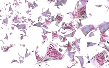 Flying euro banknotes isolated on a white background. Money is flying in the air. 500 EURO in color. 3D illustration