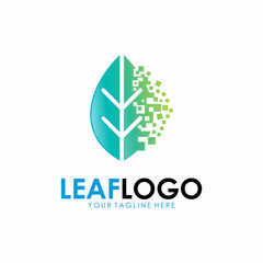 Digital or Pixel Leaf Logo Design Template