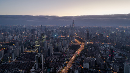 Fototapeta premium Aerial View of Shanghai city in the dawn