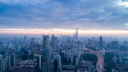 Fototapeta premium Aerial View of Shanghai city in the dawn