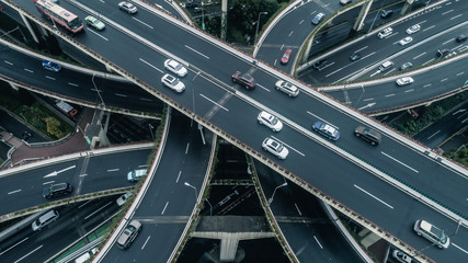 Highway junction aerial view on a cloudy day - obrazy, fototapety, plakaty