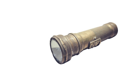 The World War 2 Vintage Brass Military Flashlight, The Survival Equipment of Pilots in Chinese Air Force.  Selective Focus and Isolated on White Background with Clipping Path or Selection Path.