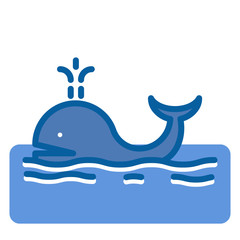 Whale cute icon drawing with water fountain in the ocean. Vector filled thin outline illustration