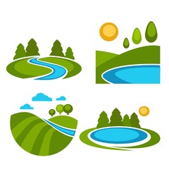 Lakes and nature landscapes set with sun vector illustration