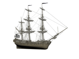 Close up 3d rendering of pirate ships scene isolated on white