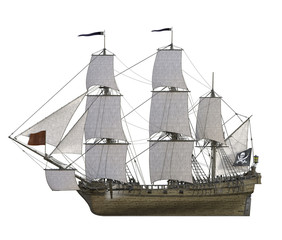 Close up 3d rendering of pirate ships scene isolated on white