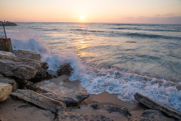 sea, sunset, stones, elements, waves, solitude, freedom, sun, orange, blue, drops, splashes