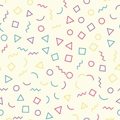 Memphis seamless pattern with beige background with different shapes. Vector repeating texture.