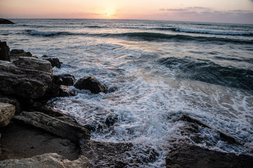 sea, sunset, stones, elements, waves, solitude, freedom, sun, orange, blue, drops, splashes