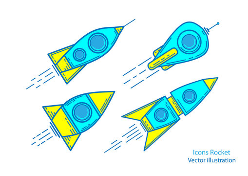  Seth rocket .Flying multicolored rockets .Icons of space rockets