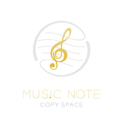 Music note gold color with dash line staff circle shape frame, logo icon set design illustration isolated on white background with Music note text and copy space
