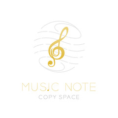 Music note gold color with dash line staff circle shape frame, logo icon set design illustration isolated on white background with Music note text and copy space