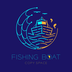 Fishing boat, fish, seagull, wave and Fishing net circle shape logo icon outline stroke set dash line design illustration isolated on dark blue background and copy space - 212410146