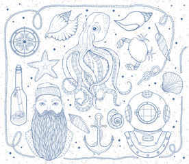 Hand drawn Vintage nautical Set. It consists of octopus, anchor, sailor, bottle with a message, seashells, crab, compass, diving helmet, rope and sea knot.