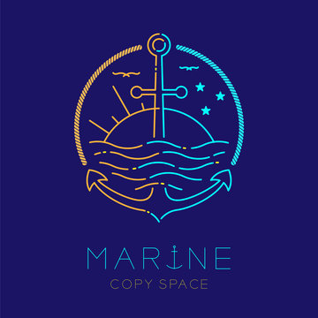Anchor, sun, moon and wave shape, logo icon outline stroke set dash line design illustration isolated on dark blue background with marine text and copy space