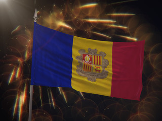 Flag of Andorra with fireworks display in the background