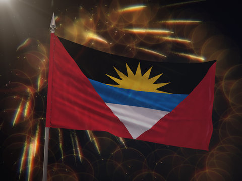 Flag of Antigua and Barbuda with fireworks display in the background