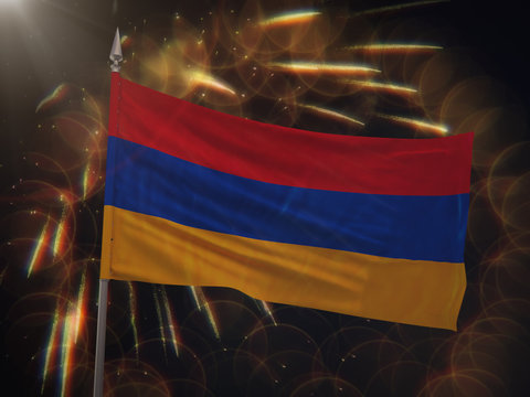 Flag of Armenia with fireworks display in the background