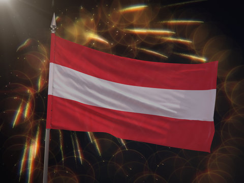 Flag of Austria with fireworks display in the background