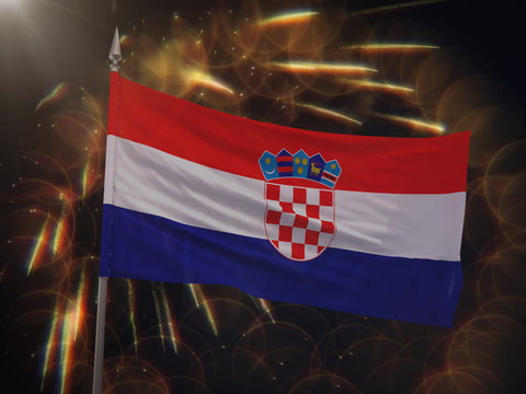 Flag of Croatia with fireworks display in the background