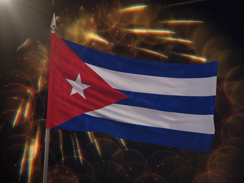Flag of Cuba with fireworks display in the background