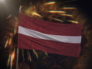 Flag of Latvia with fireworks display in the background