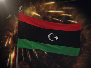 Flag of Libya with fireworks display in the background