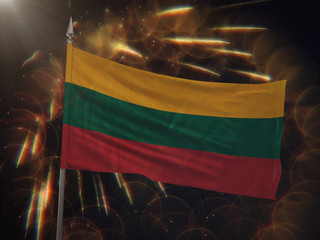 Flag of Lithuania with fireworks display in the background