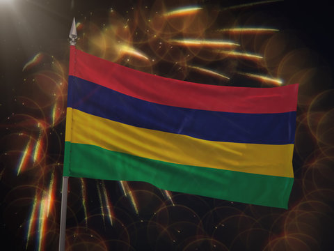 Flag of Mauritius with fireworks display in the background