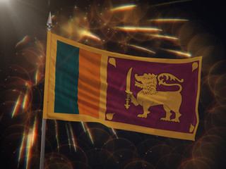 Flag of Sri Lanka with fireworks display in the background